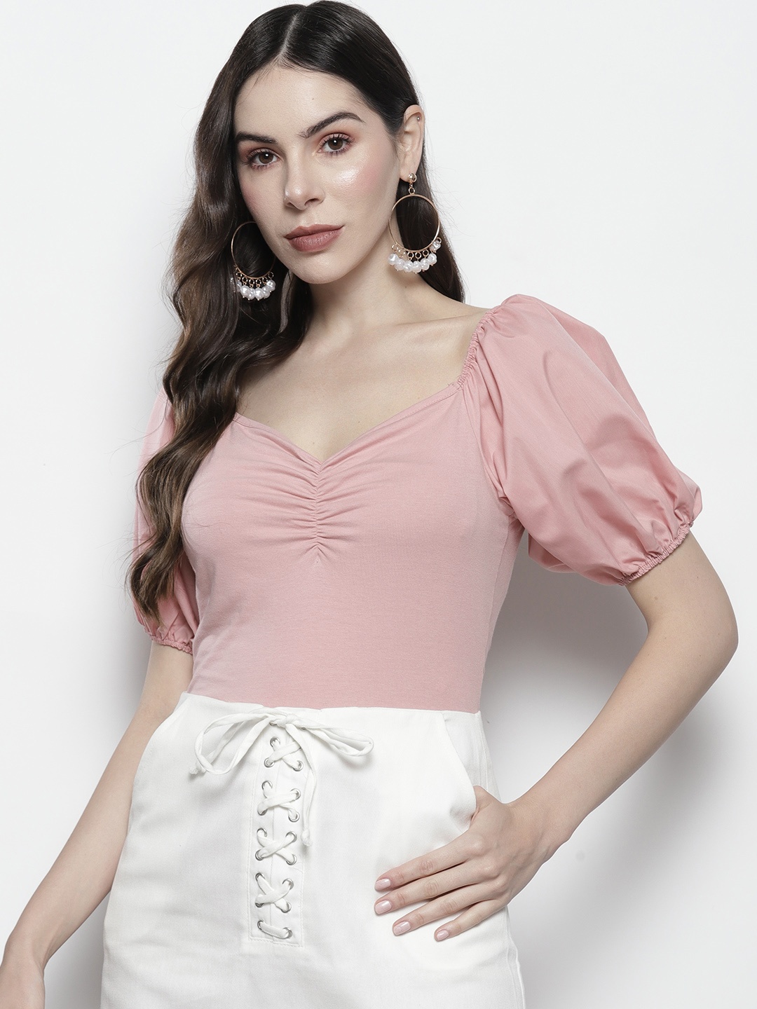 

Boohoo Ruched Sweetheart Neck Puff Sleeves Bodysuit, Rose