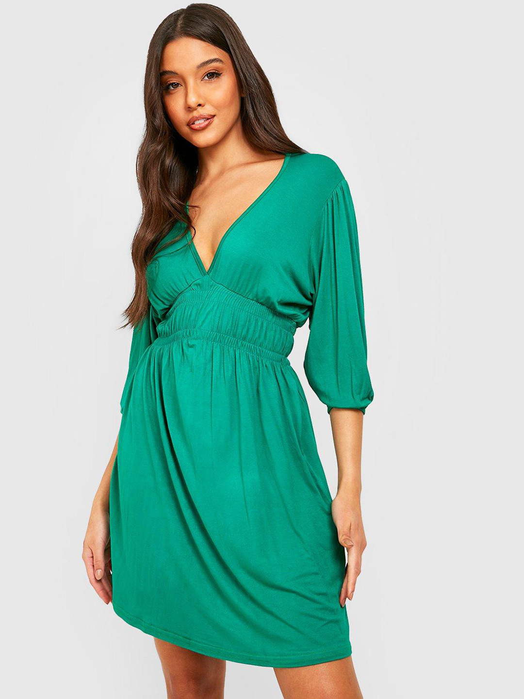 

Boohoo Ruched Plunge Neck Dress, Green