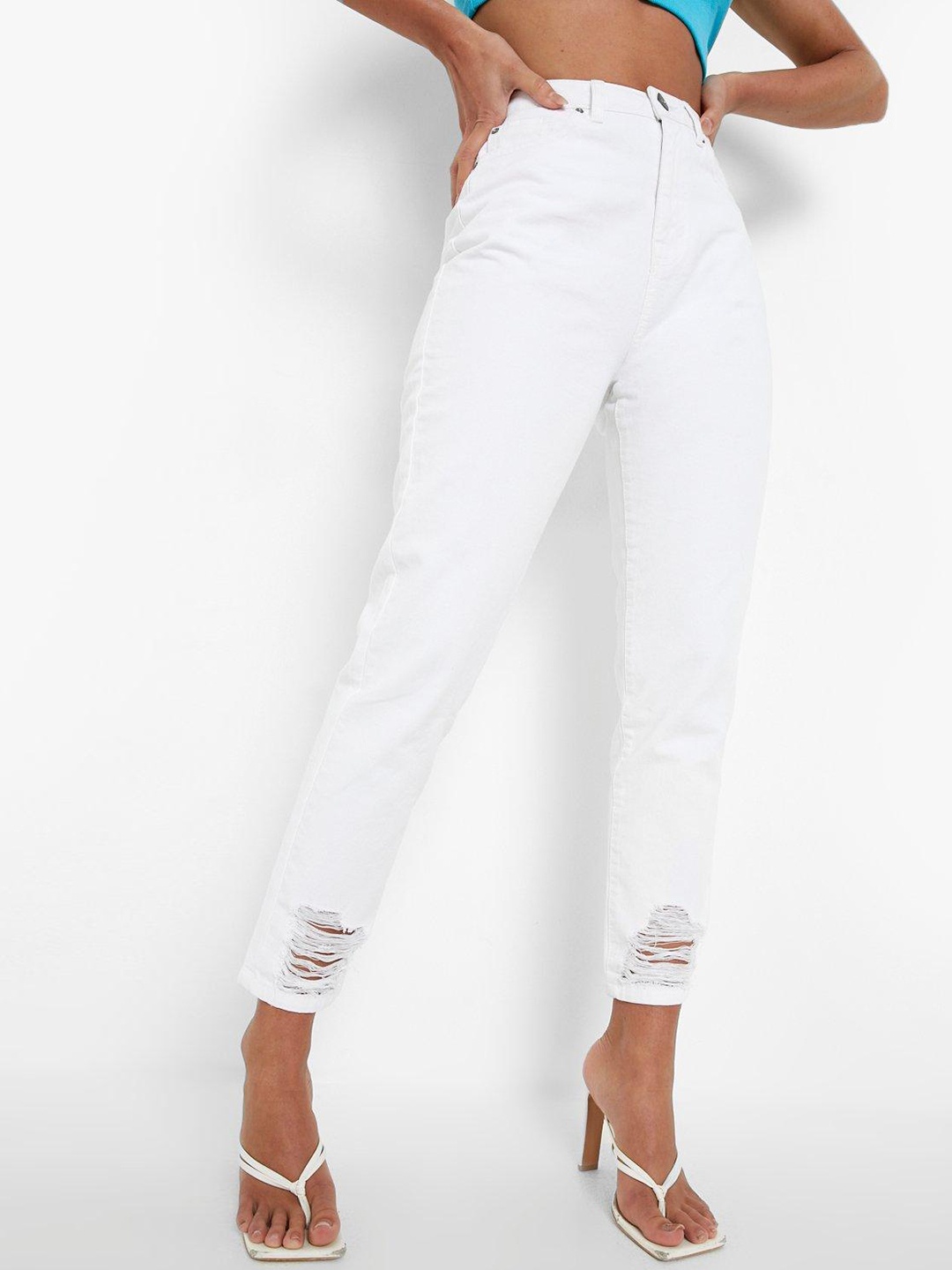 

Boohoo Women Pure Cotton High-Rise Low Distress Straight Jeans, White