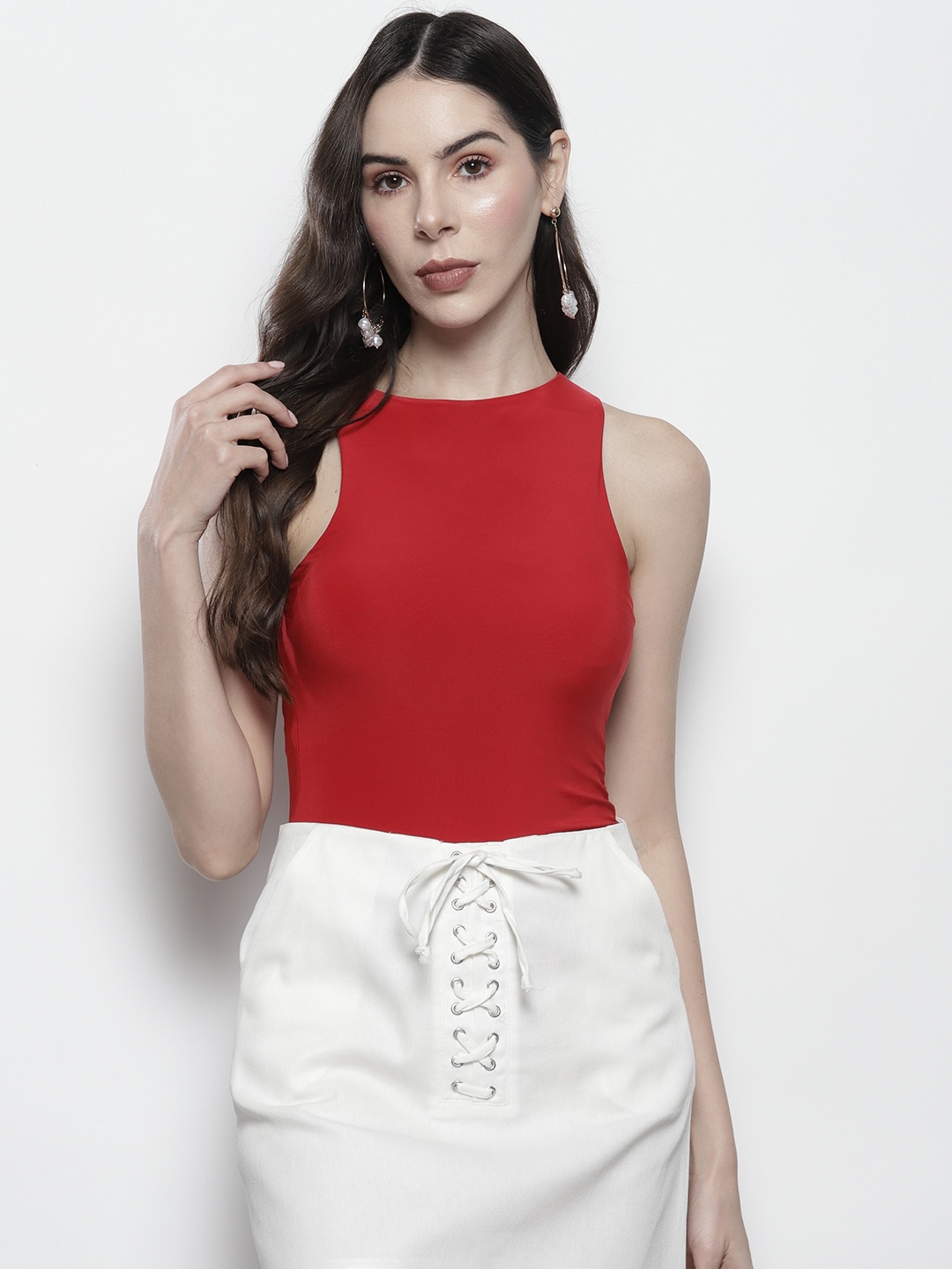 

Boohoo Sleeveless Fitted Bodysuit, Red