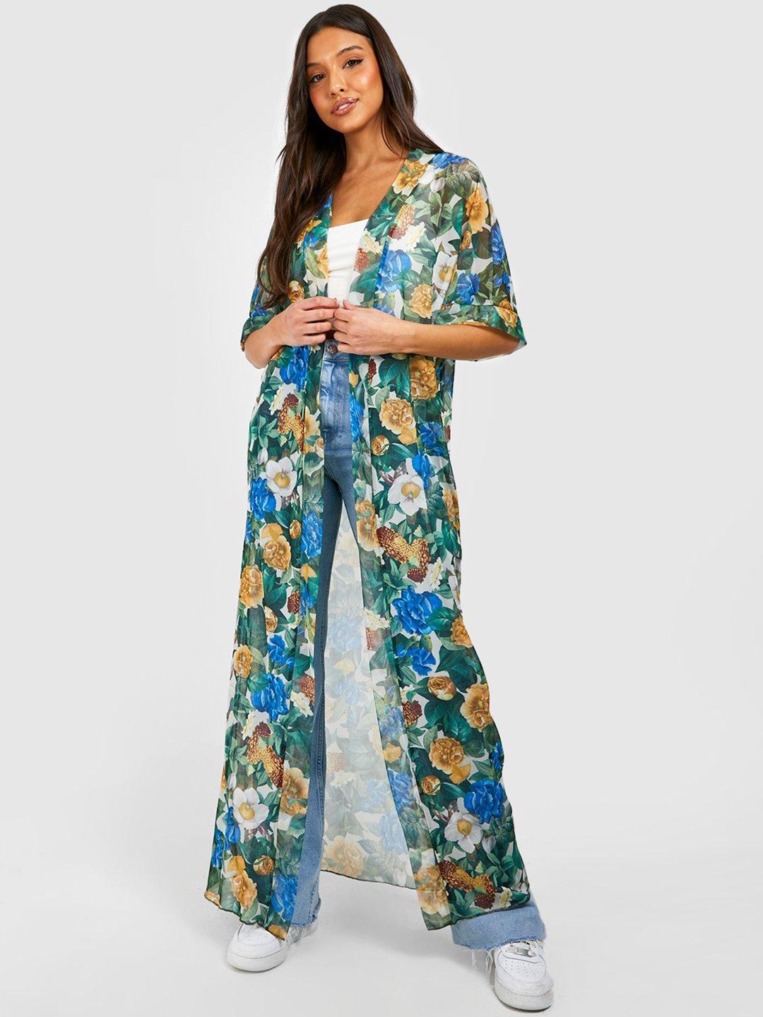 

Boohoo Women Floral Printed Longline Front-Open Shrug, Green