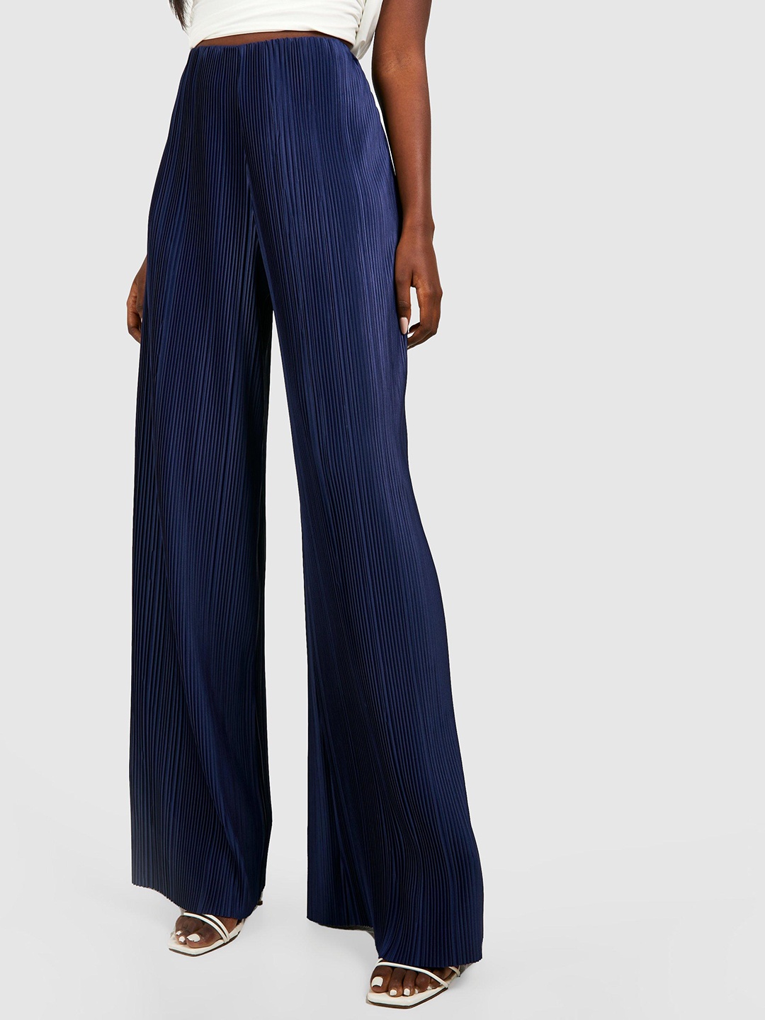 

Boohoo Women Plisse Wide Leg Trousers, Navy blue