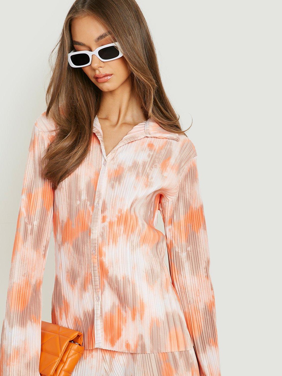 

Boohoo Women Tie & Dye Accordion Pleated Relaxed Fit Casual Shirt, Orange