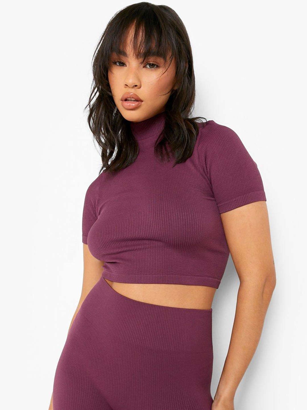 

Boohoo Ribbed High Neck Crop Top, Purple