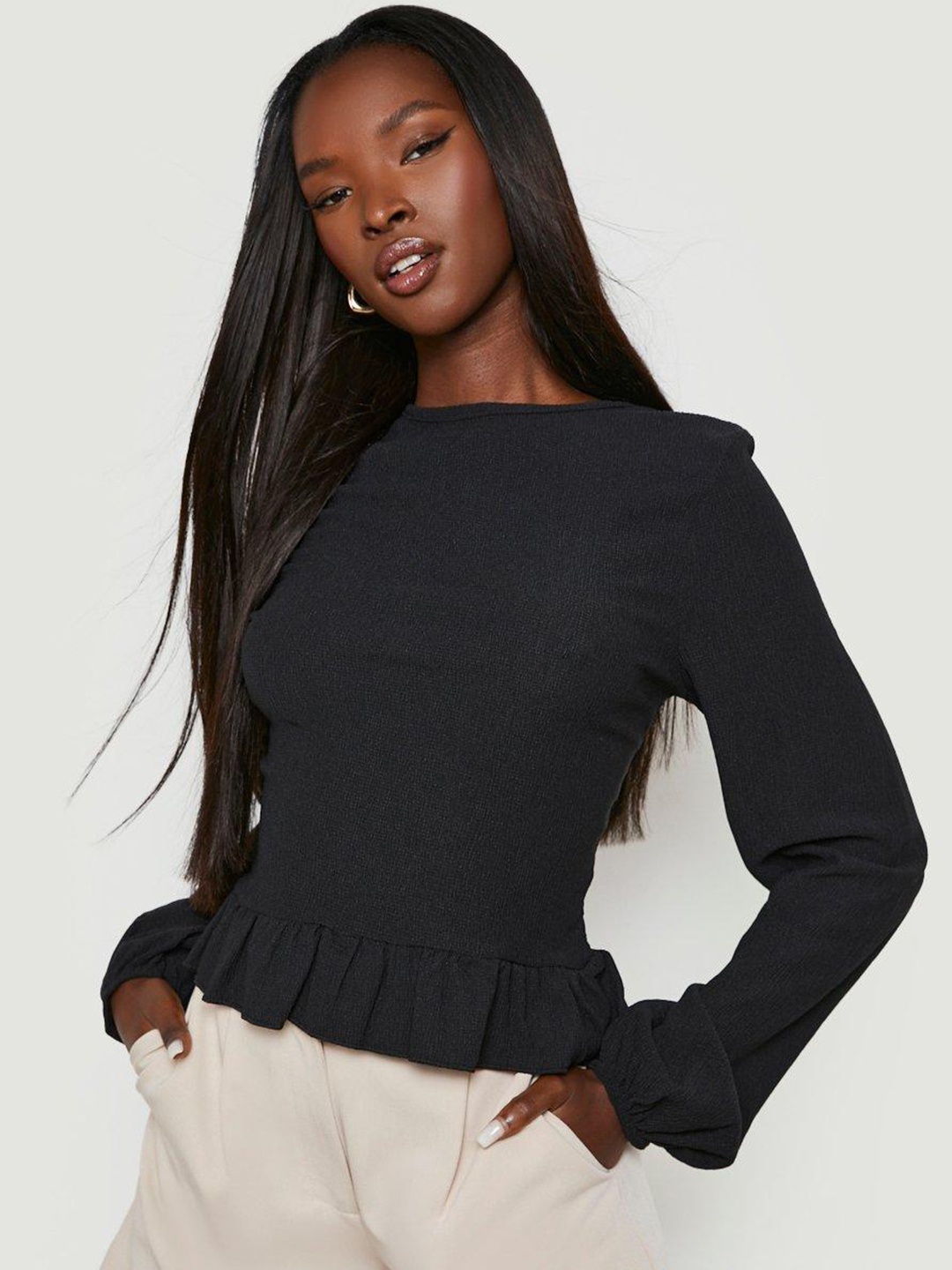 

Boohoo Textured Puff Sleeve Ruffles Top, Charcoal