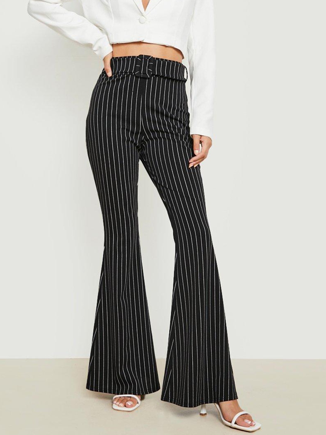 

Boohoo Women Striped Flared Fit Bootcut Trousers, Black