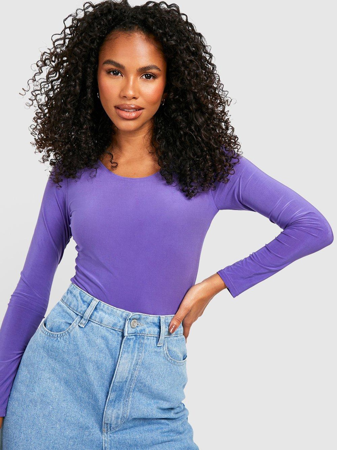 

Boohoo Women Solid Round Neck Bodysuit, Purple