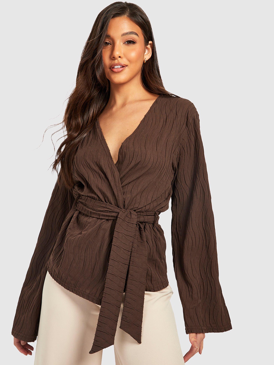 

Boohoo Long Sleeve Wrap Top, Brown