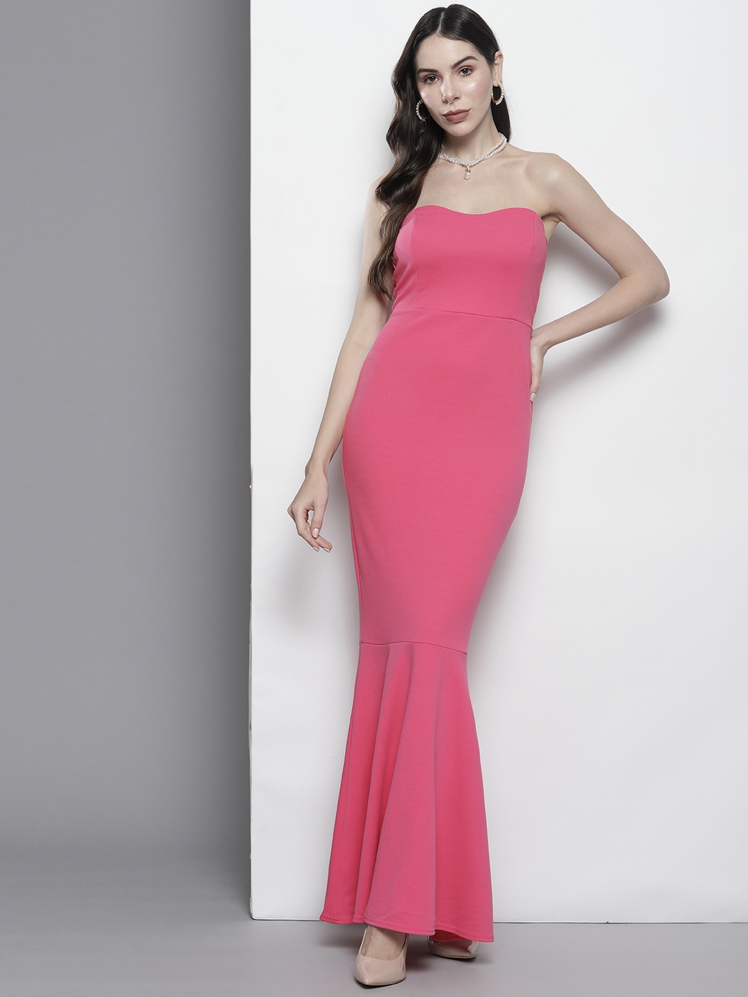 

Boohoo Solid Strapless Fishtail Maxi Dress, Pink