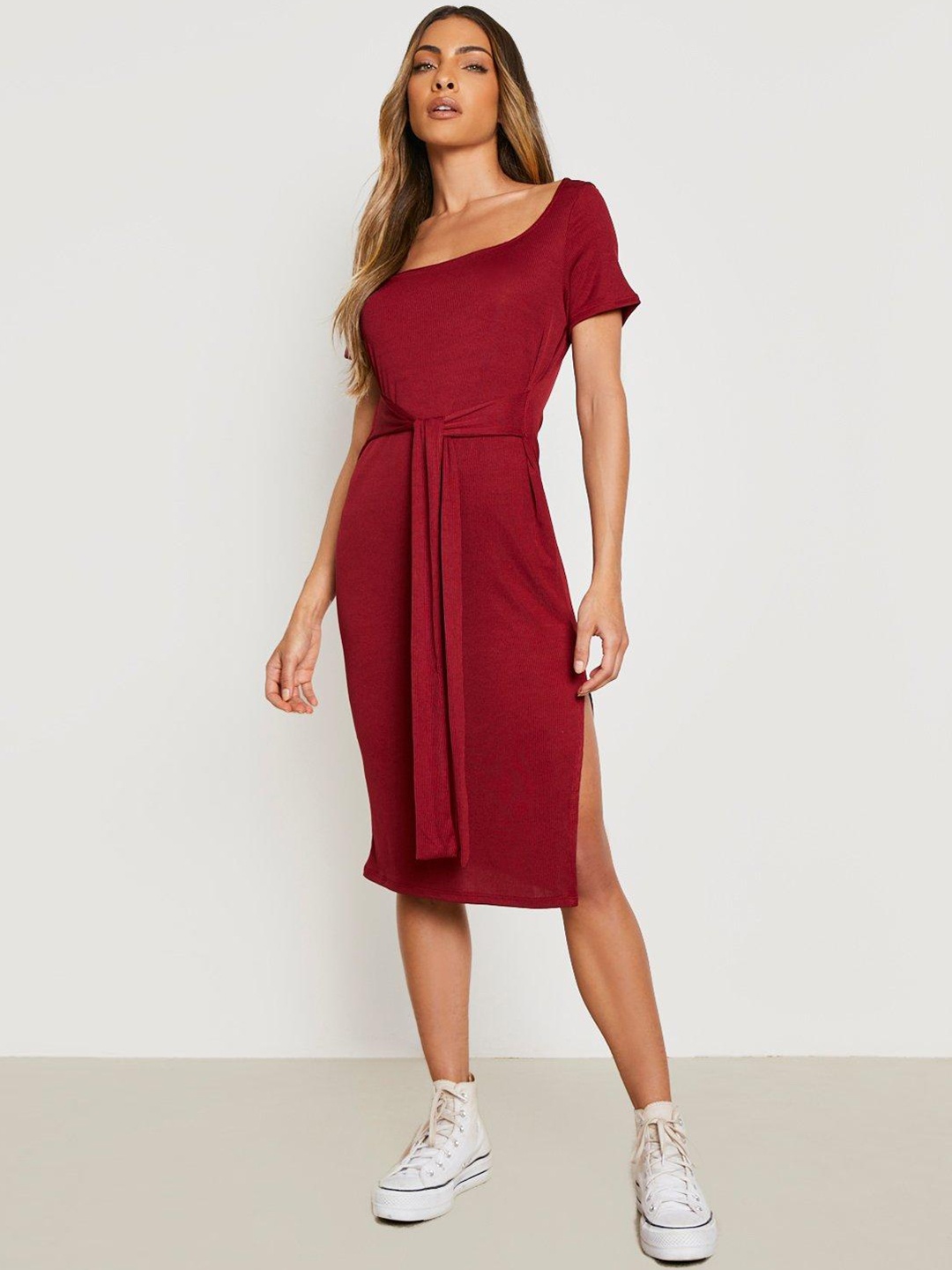 

Boohoo Sheath Belted Midi Dress, Red