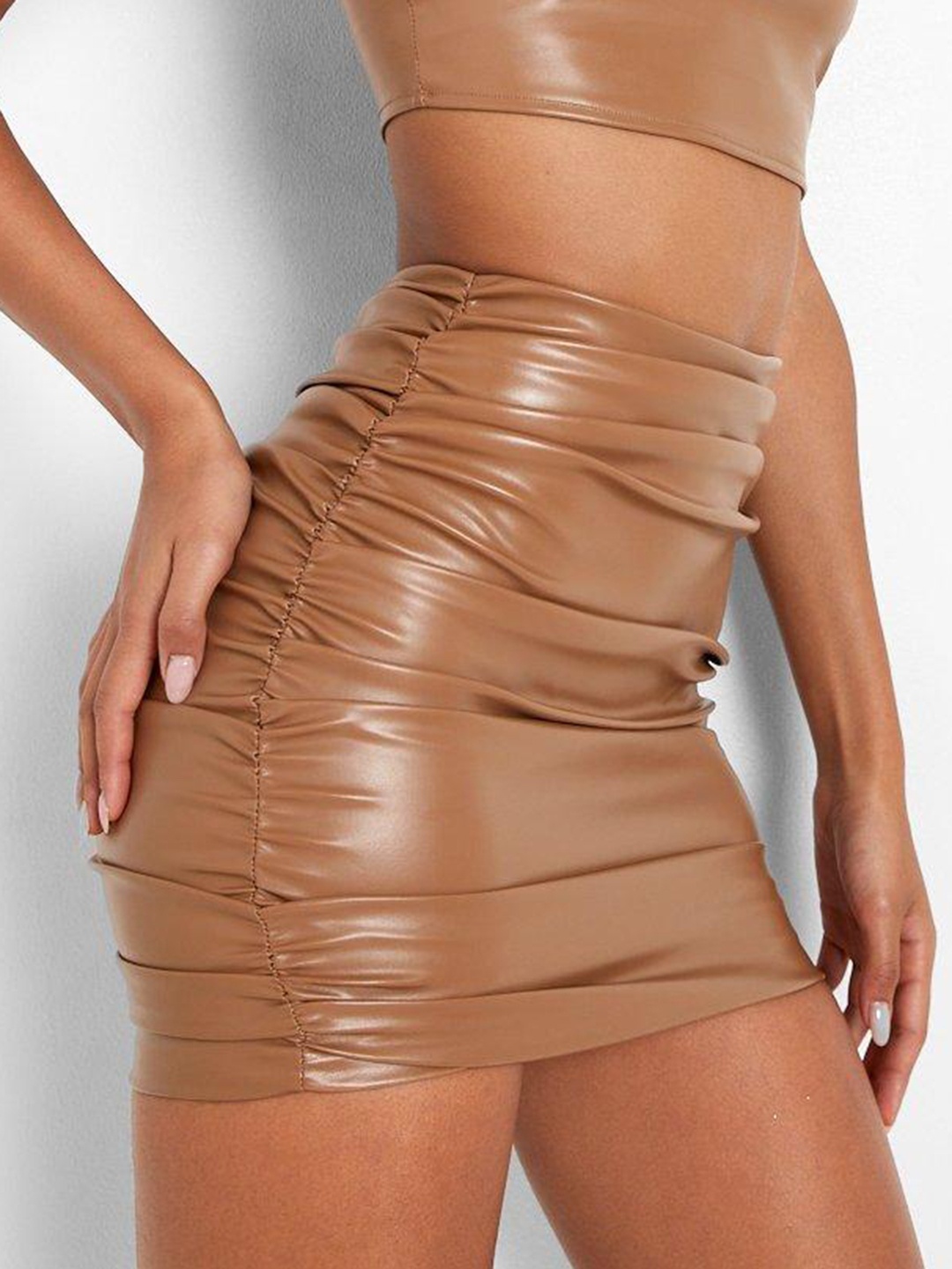 

Boohoo Women Faux Leather Ruched Pencil Mini Skirt, Beige