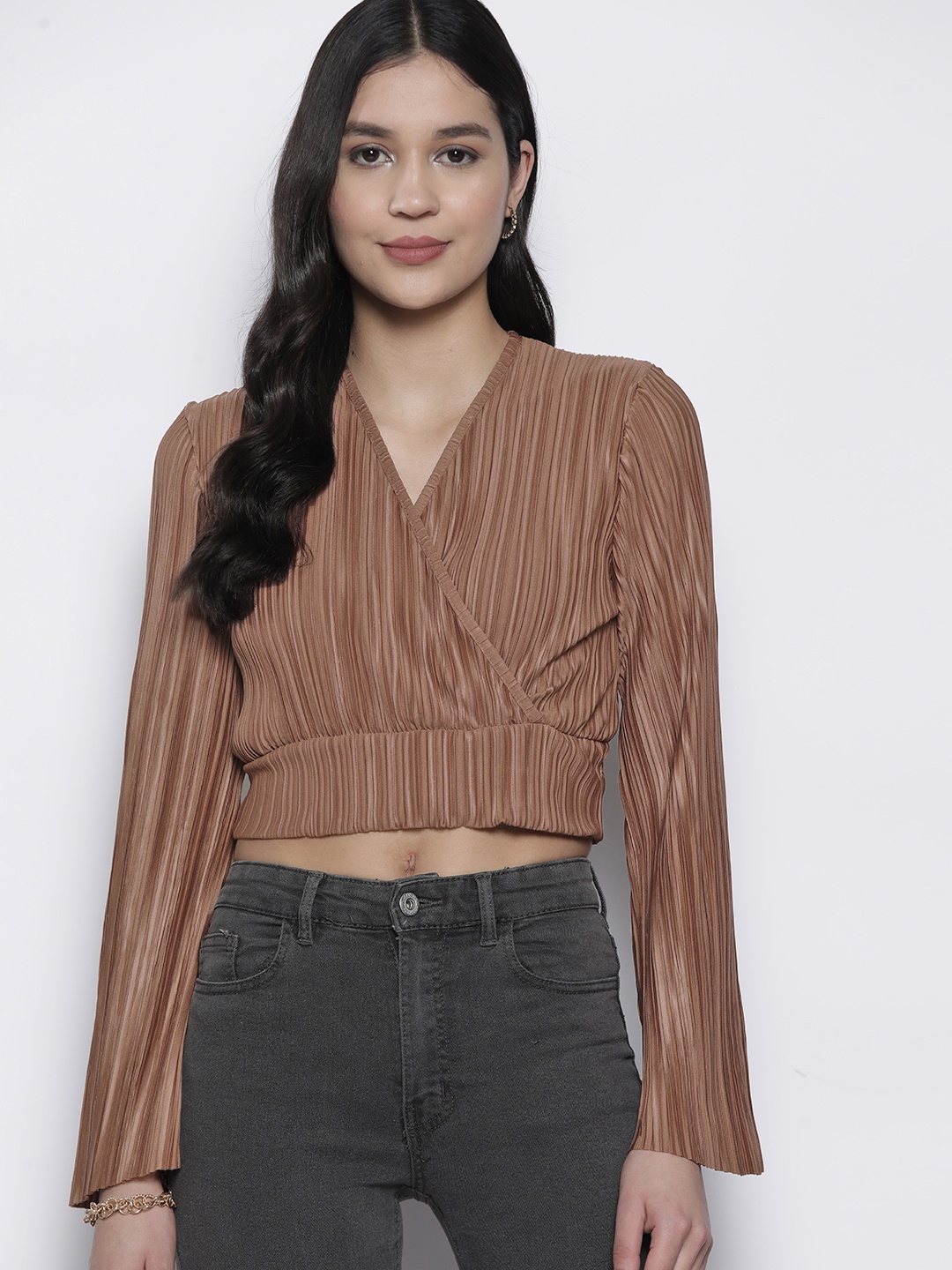 

Boohoo Plisse Wrap Crop Top, Coffee brown