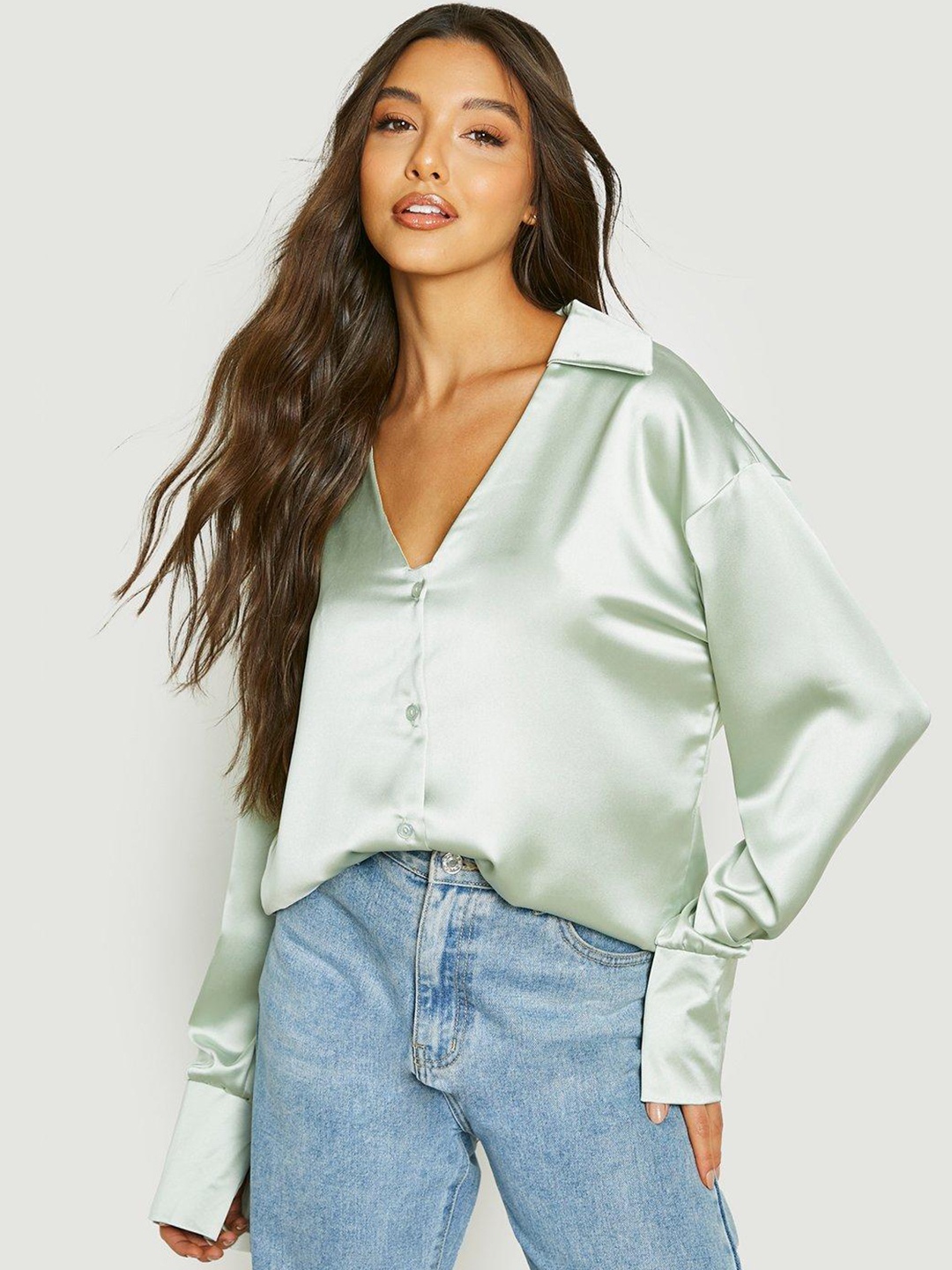 

Boohoo Women Satin Finish Casual Shirt, Green