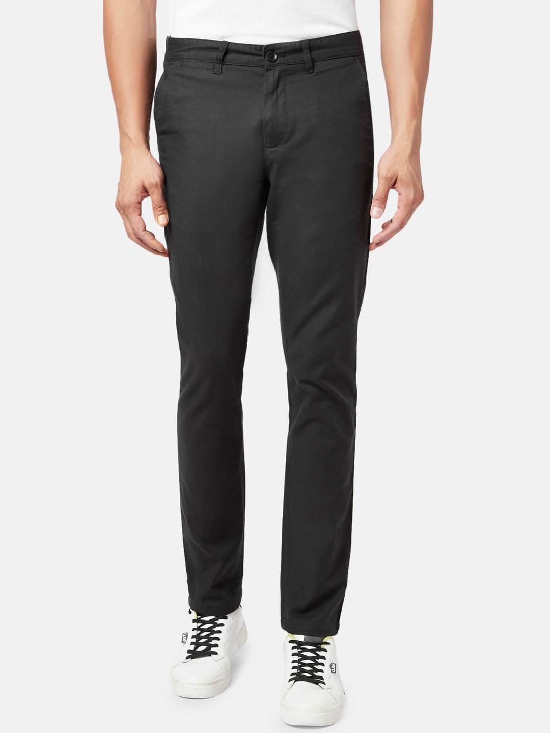 

BYFORD by Pantaloons Men Solid Cotton Slim Fit Trousers, Black