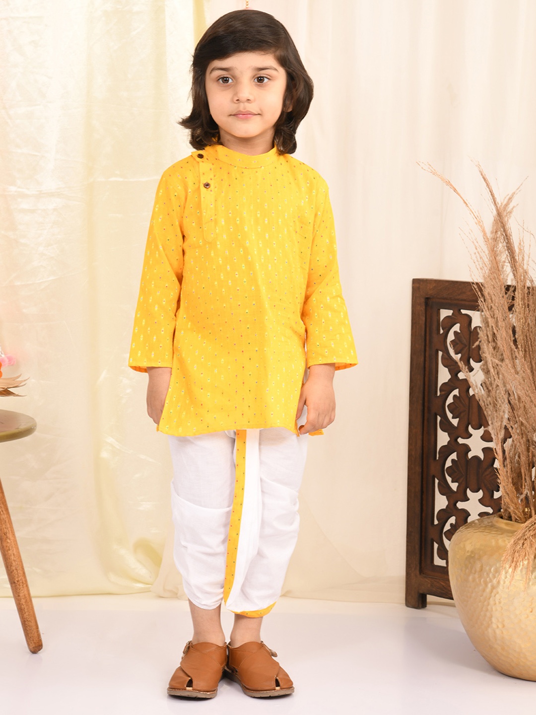 

Superminis Boys Thread Work Pure Cotton Kurta with Dhoti Pants, Yellow