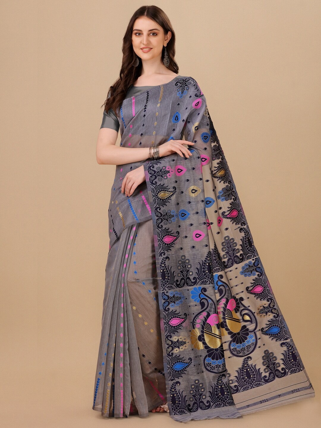

BESUCHER Woven Design Zari Silk Cotton Jamdani Saree, Grey
