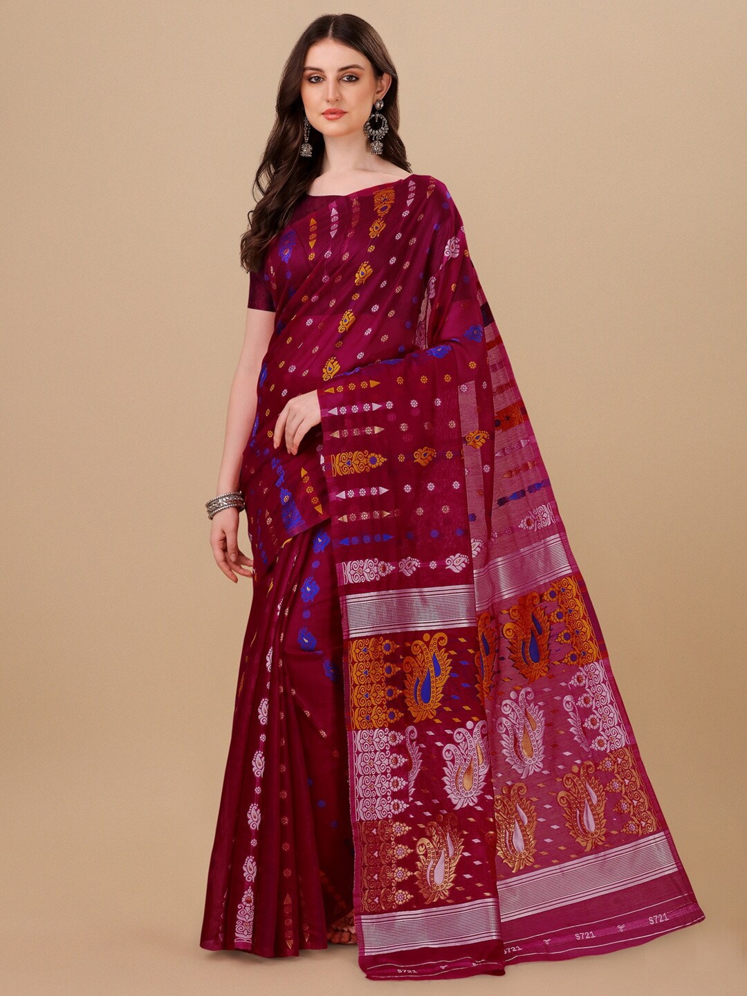 

BESUCHER Woven Design Zari Silk Cotton Jamdani Saree, Pink