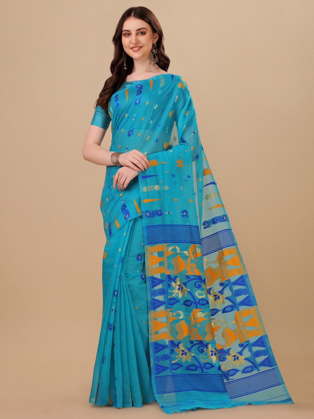 

BESUCHER Ethnic Motifs Zari Silk Cotton Jamdani Saree, Turquoise blue