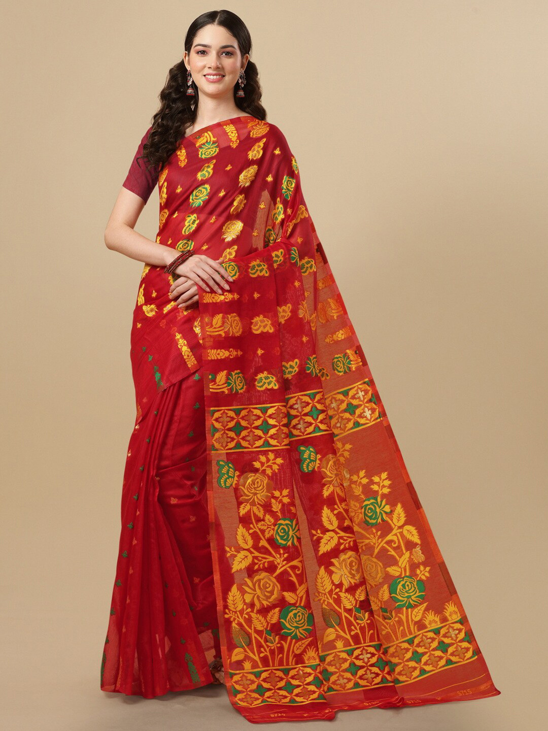 

BESUCHER Floral Zari Silk Cotton Jamdani Saree, Red