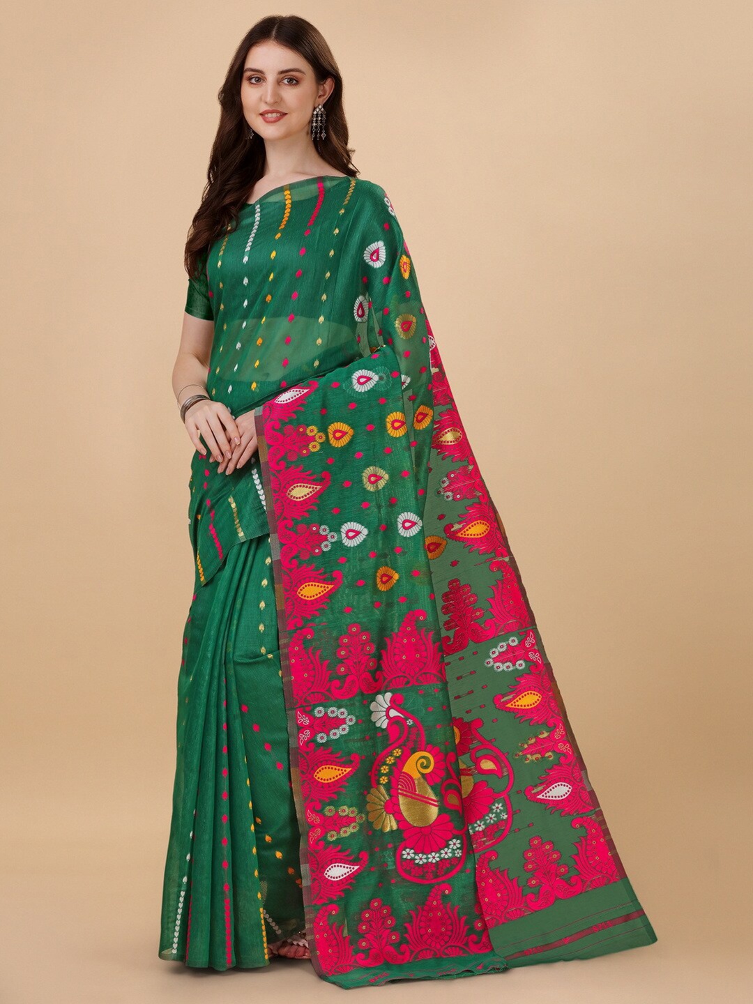 

BESUCHER Ethnic Motifs Zari Silk Cotton Jamdani Saree, Green