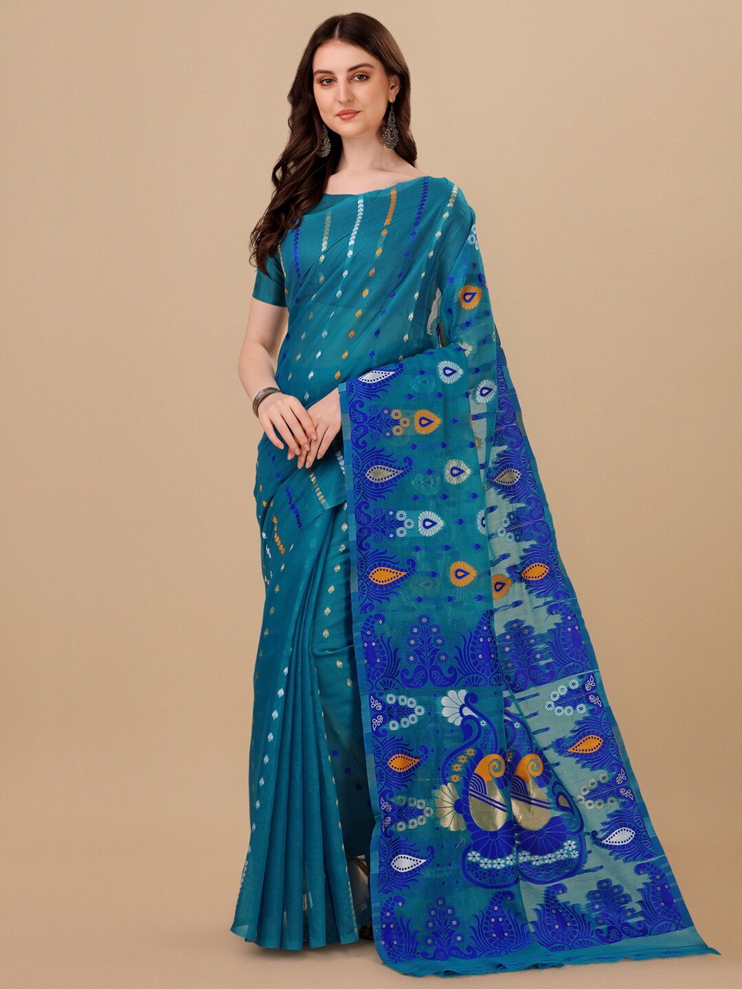 

BESUCHER Ethnic Motifs Zari Silk Cotton Jamdani Saree, Turquoise blue