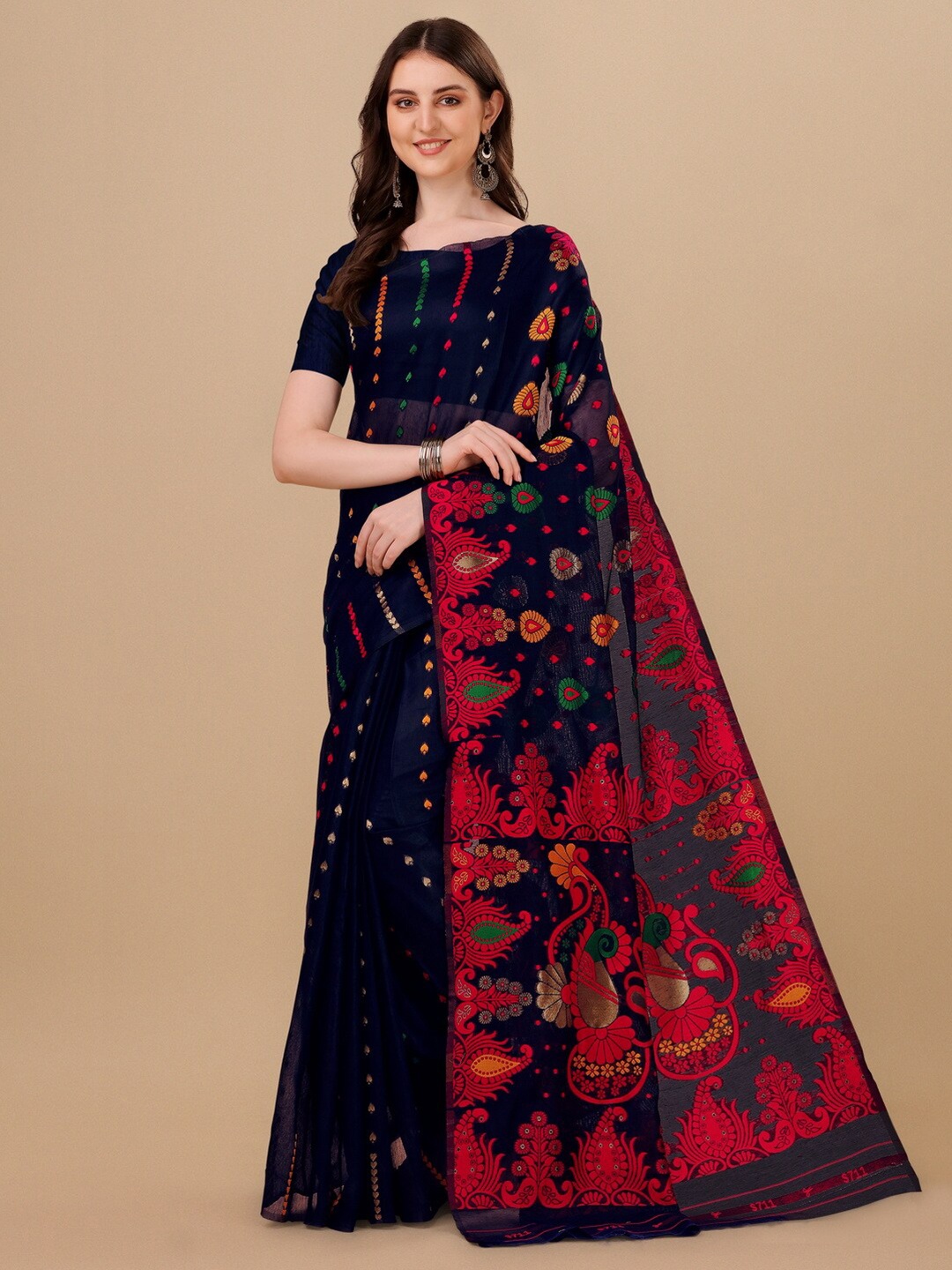 

BESUCHER Ethnic Motifs Zari Silk Cotton Jamdani Saree, Navy blue