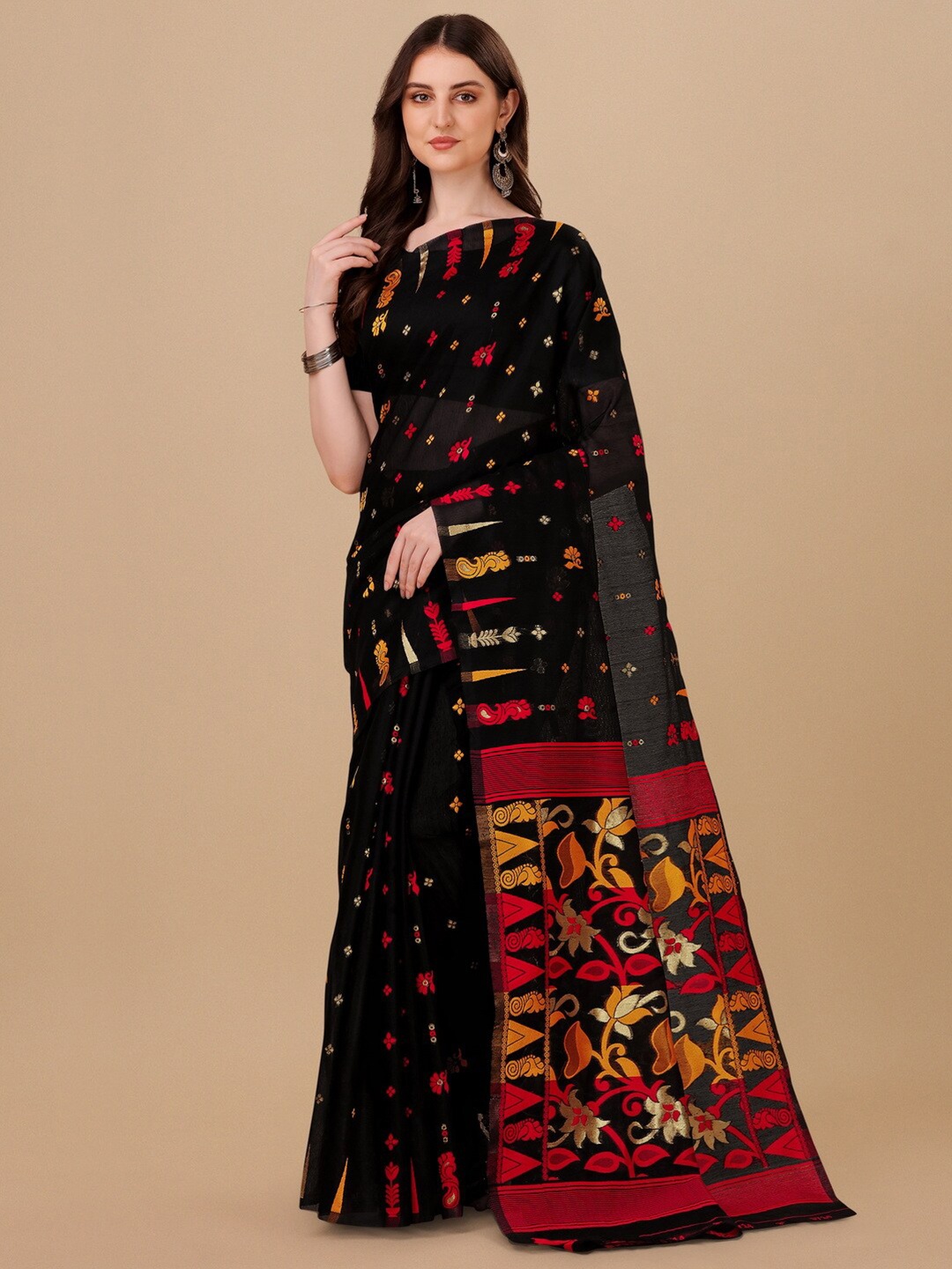 

BESUCHER Ethnic Motifs Zari Silk Cotton Jamdani Saree, Black