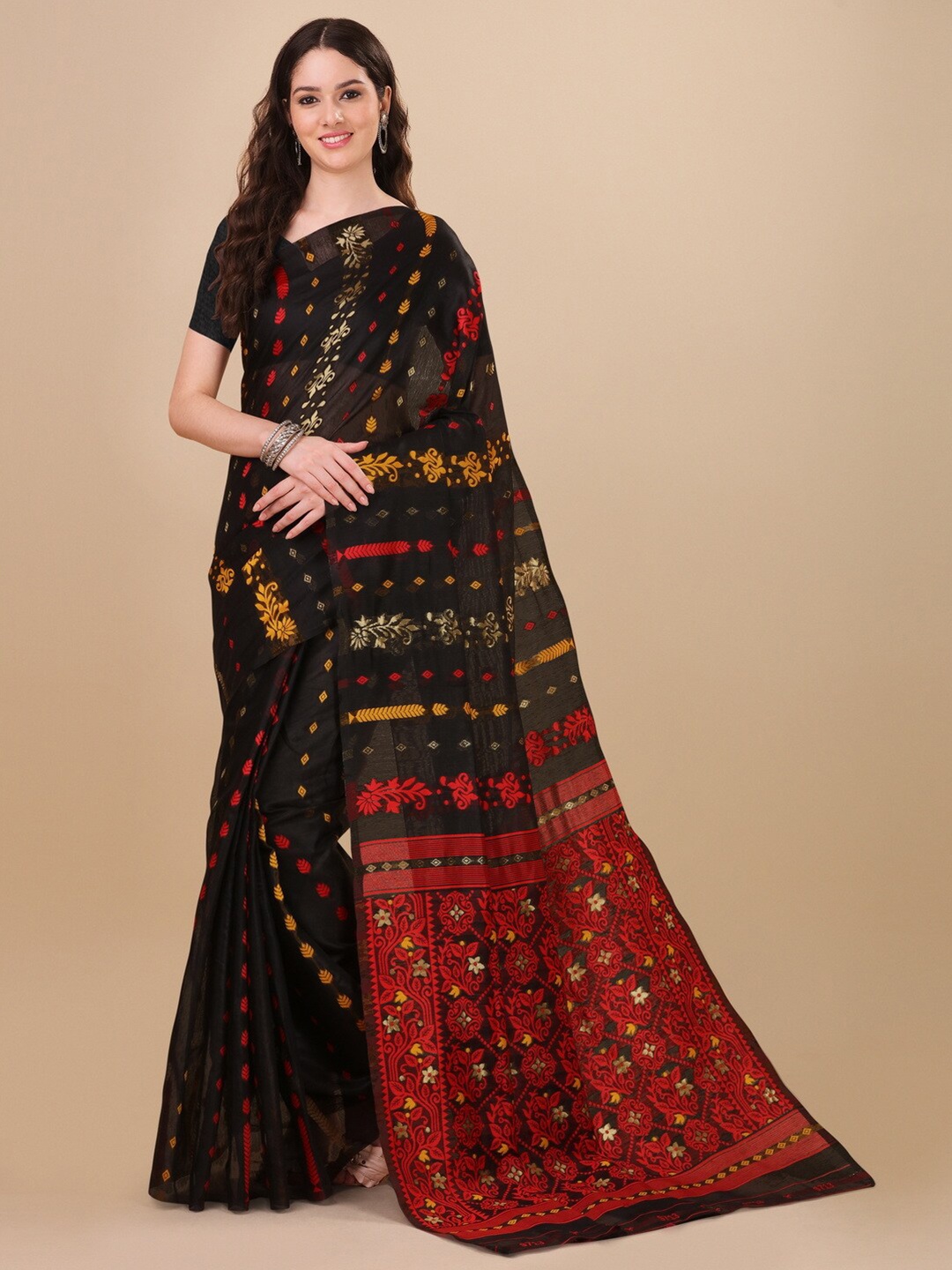 

BESUCHER Woven Design Zari Silk Cotton Jamdani Saree, Black