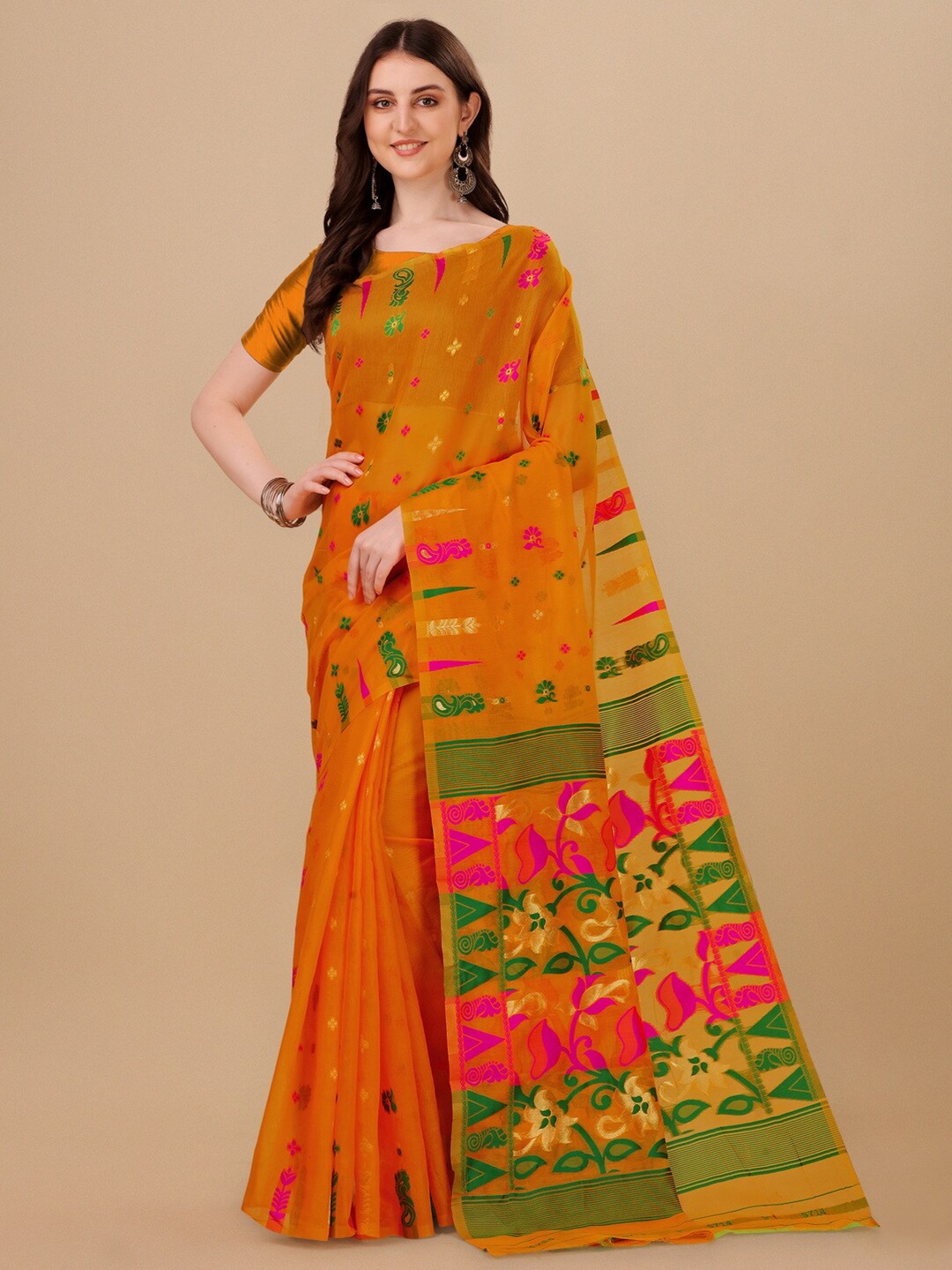 

BESUCHER Woven Design Zari Silk Cotton Jamdani Saree, Orange