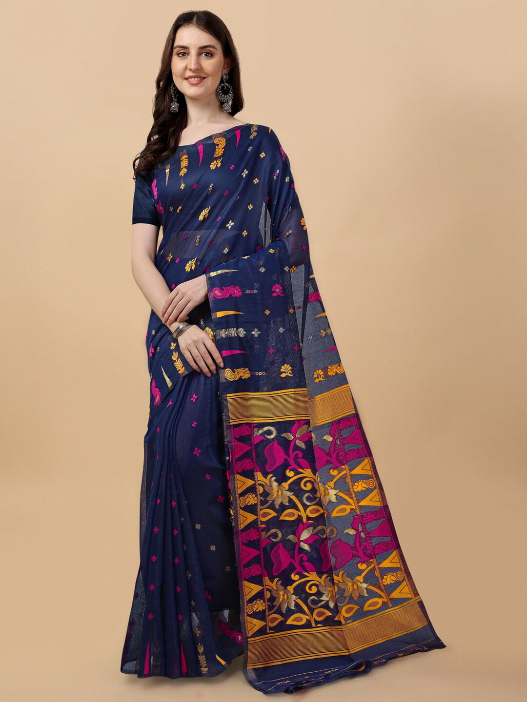

BESUCHER Woven Design Zari Silk Cotton Jamdani Saree, Blue