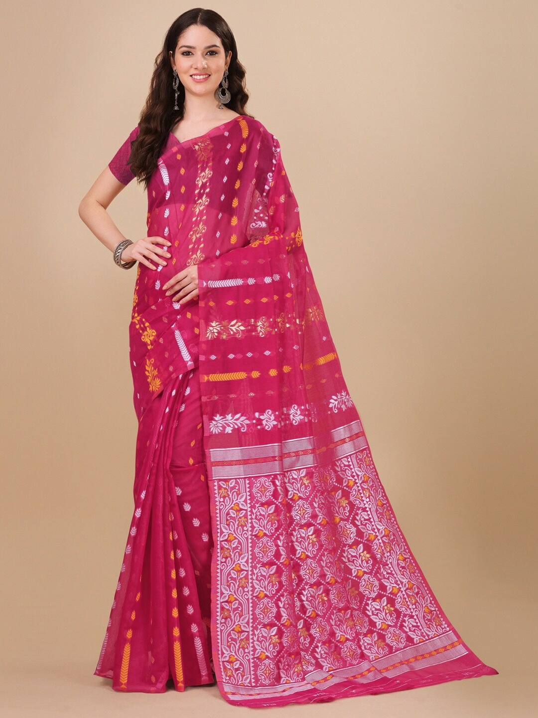 

BESUCHER Woven Design Zari Silk Cotton Jamdani Saree, Pink