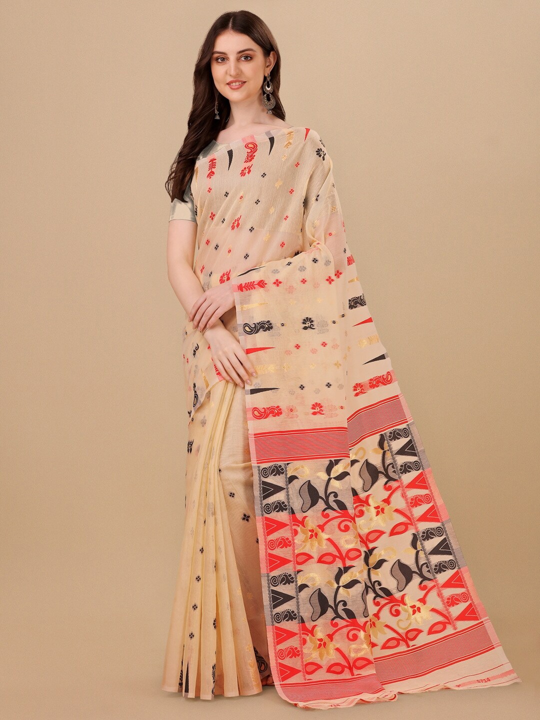 

BESUCHER Woven Design Zari Silk Cotton Jamdani Saree, Cream