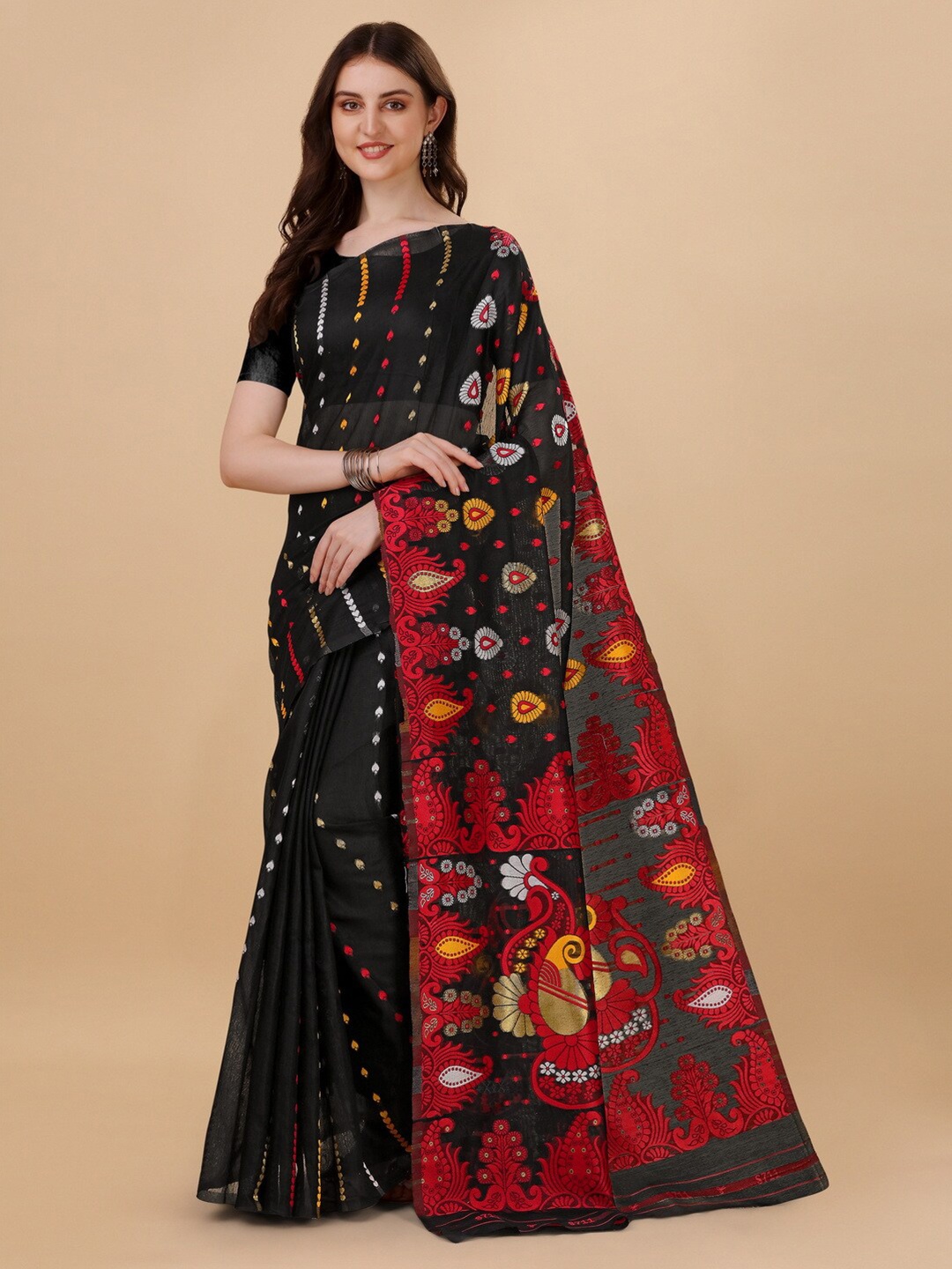 

BESUCHER Woven Design Zari Silk Cotton Jamdani Saree, Black