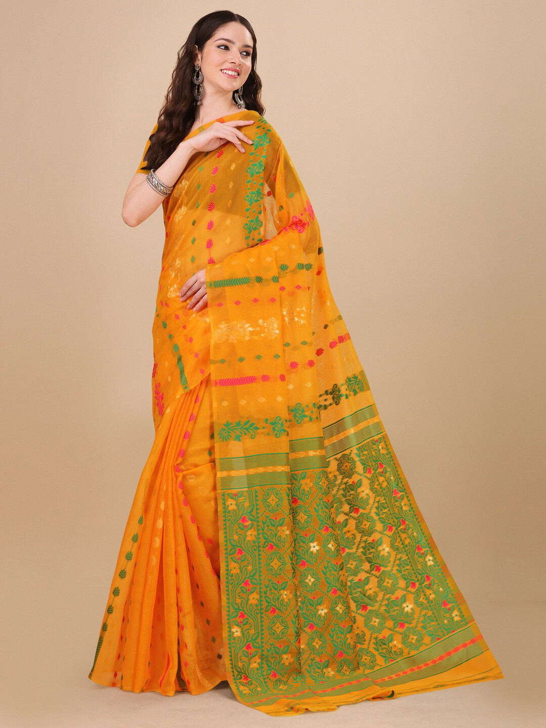 

BESUCHER Woven Design Zari Silk Cotton Jamdani Saree, Gold