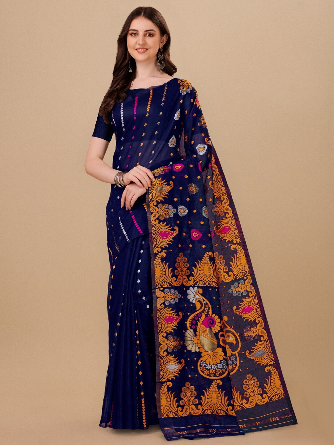 

BESUCHER Woven Design Zari Silk Cotton Jamdani Saree, Blue