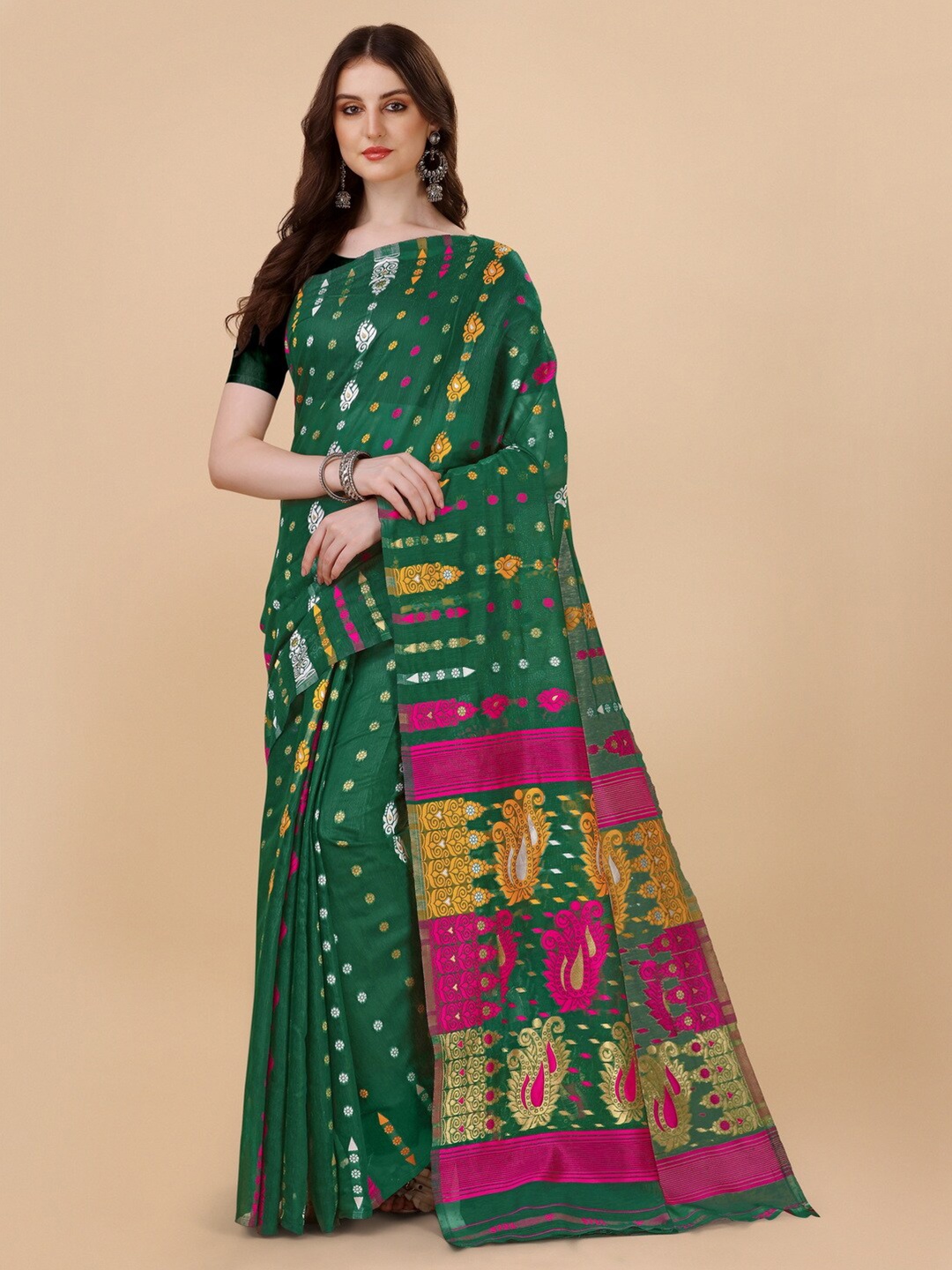 

BESUCHER Ethnic Motifs Zari Silk Cotton Jamdani Saree, Green