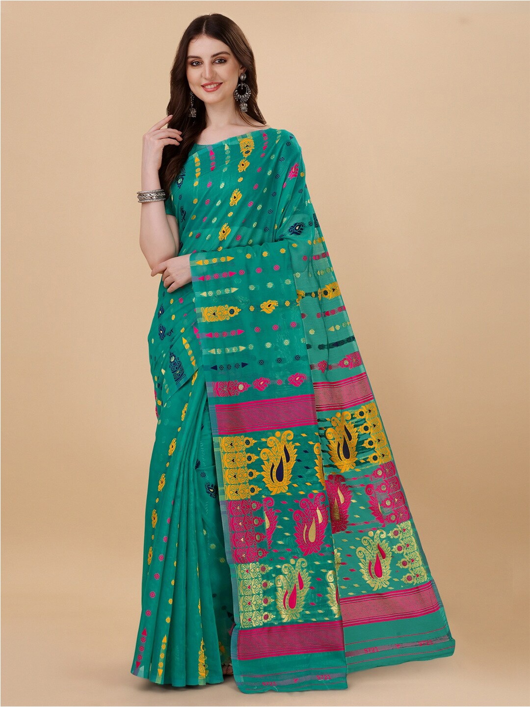 

BESUCHER Ethnic Motifs Zari Silk Cotton Jamdani Saree, Sea green