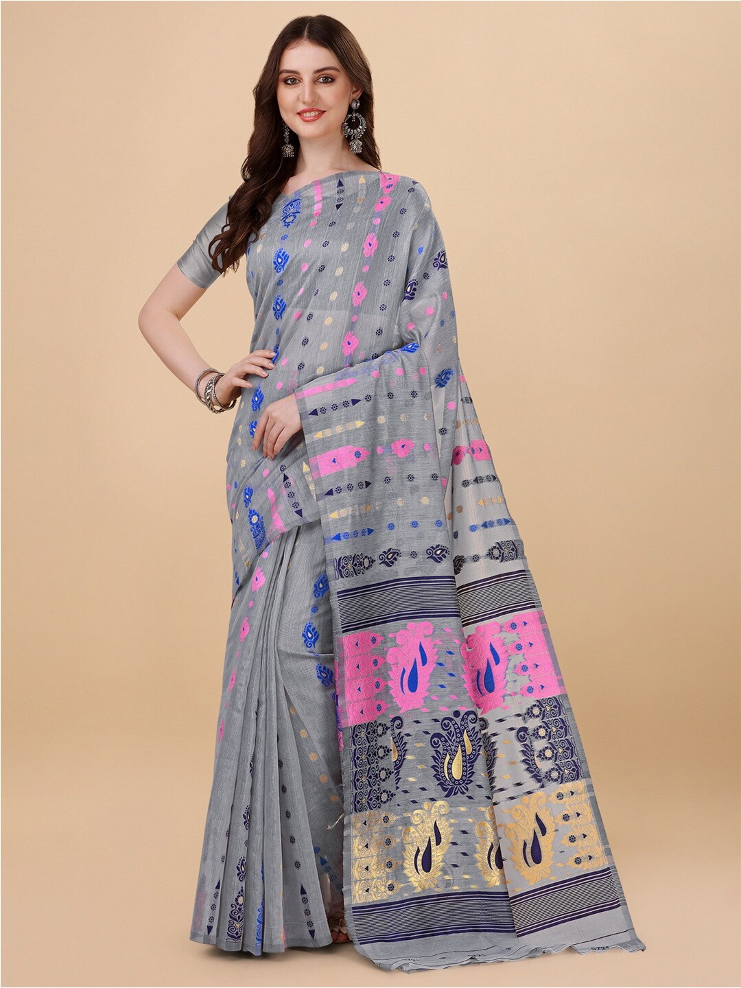 

BESUCHER Ethnic Motifs Zari Silk Cotton Jamdani Saree, Grey