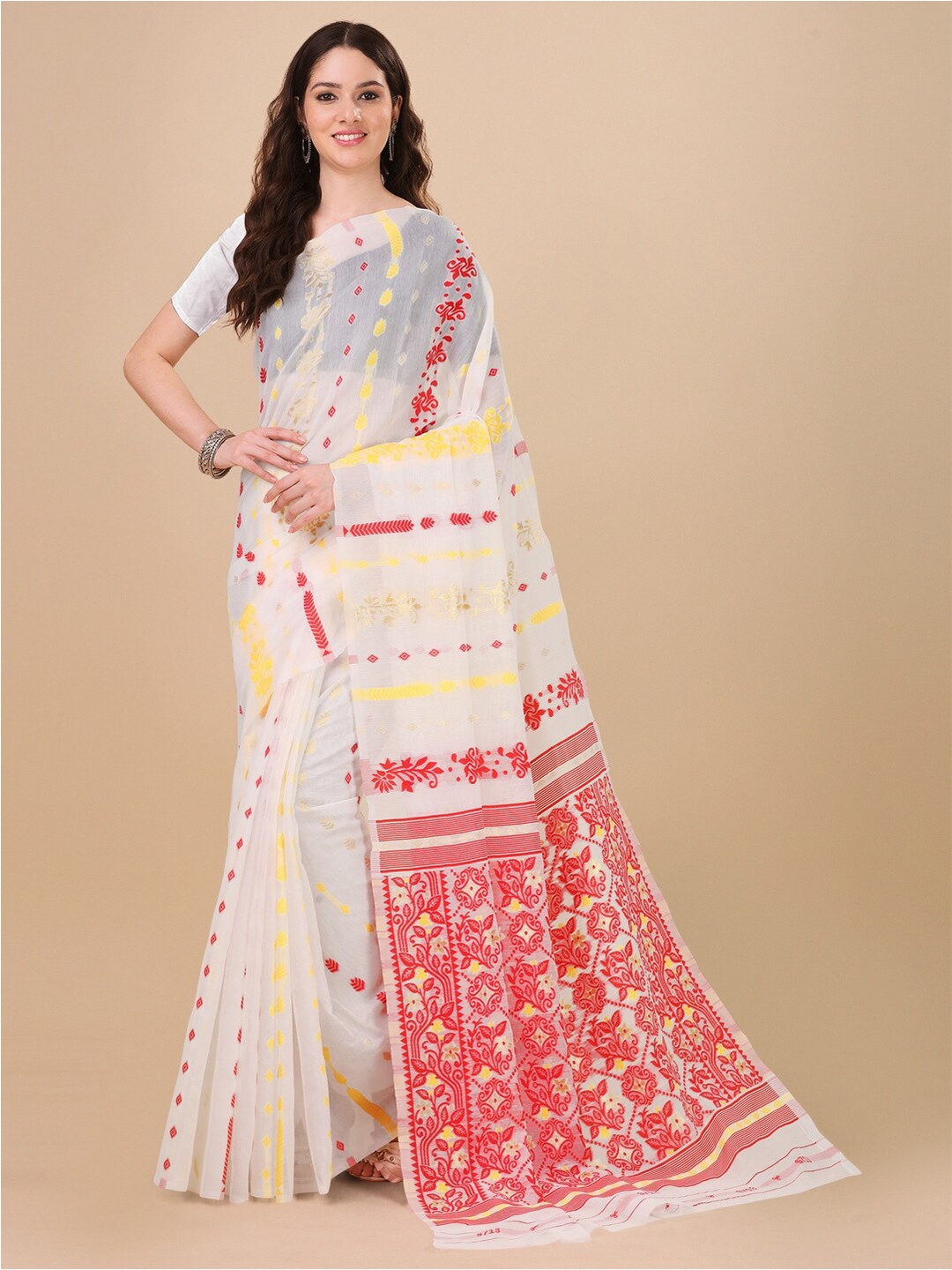 

BESUCHER Ethnic Motifs Zari Silk Cotton Jamdani Saree, White