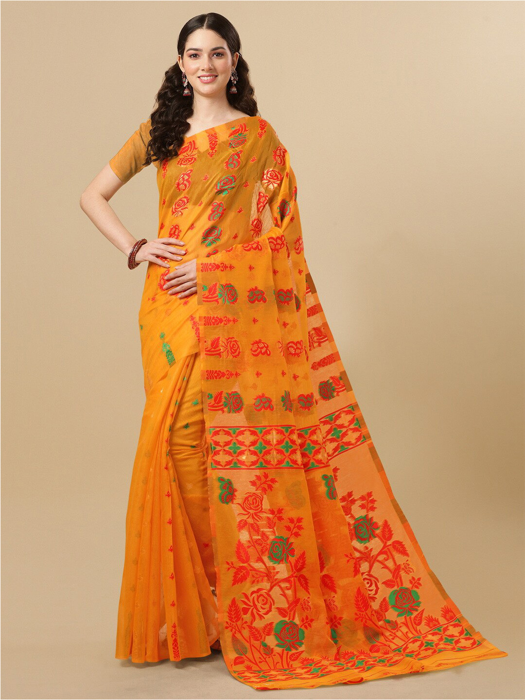 

BESUCHER Ethnic Motifs Zari Silk Cotton Jamdani Saree, Orange