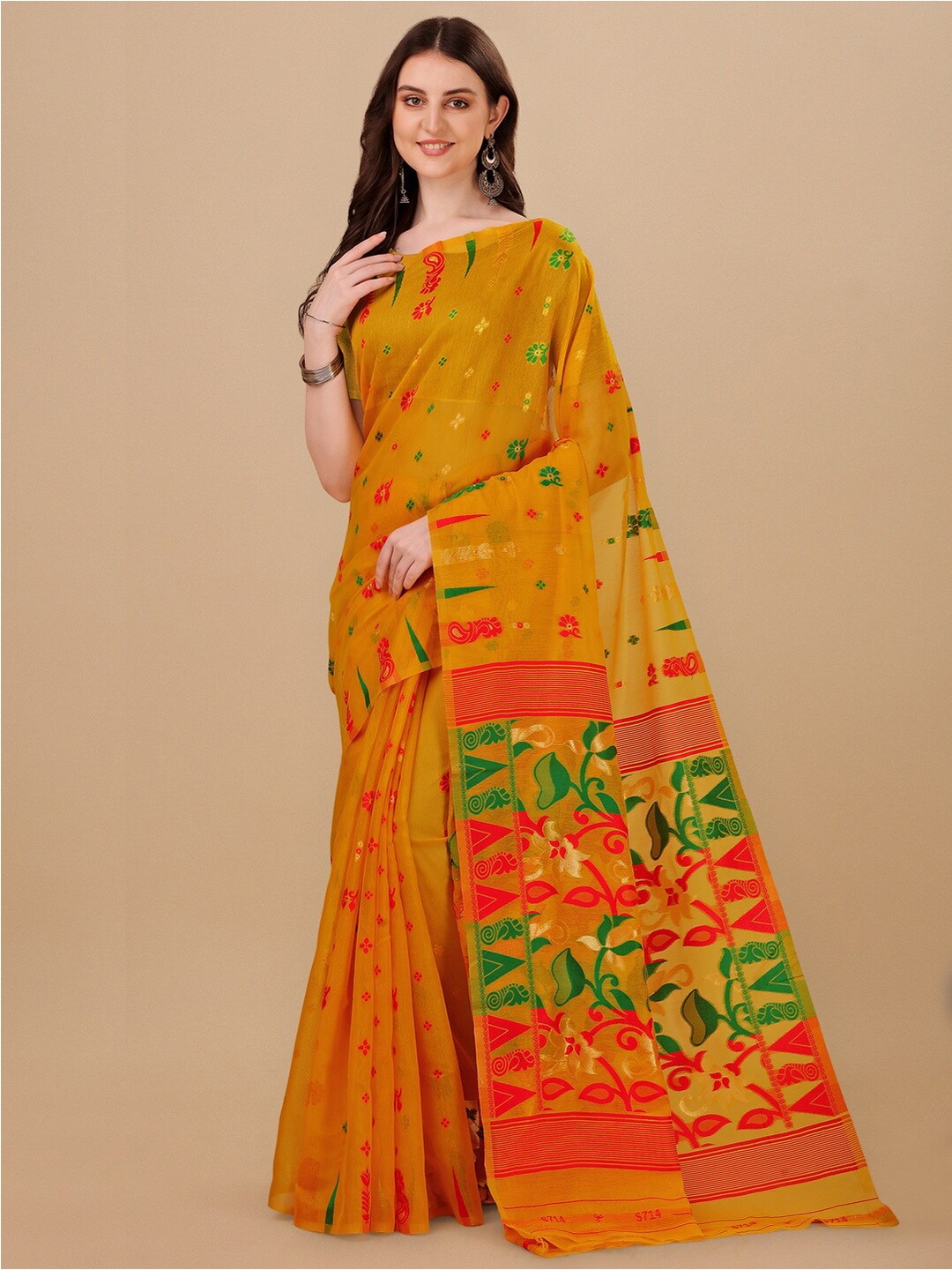 

BESUCHER Floral Zari Silk Cotton Jamdani Saree, Gold