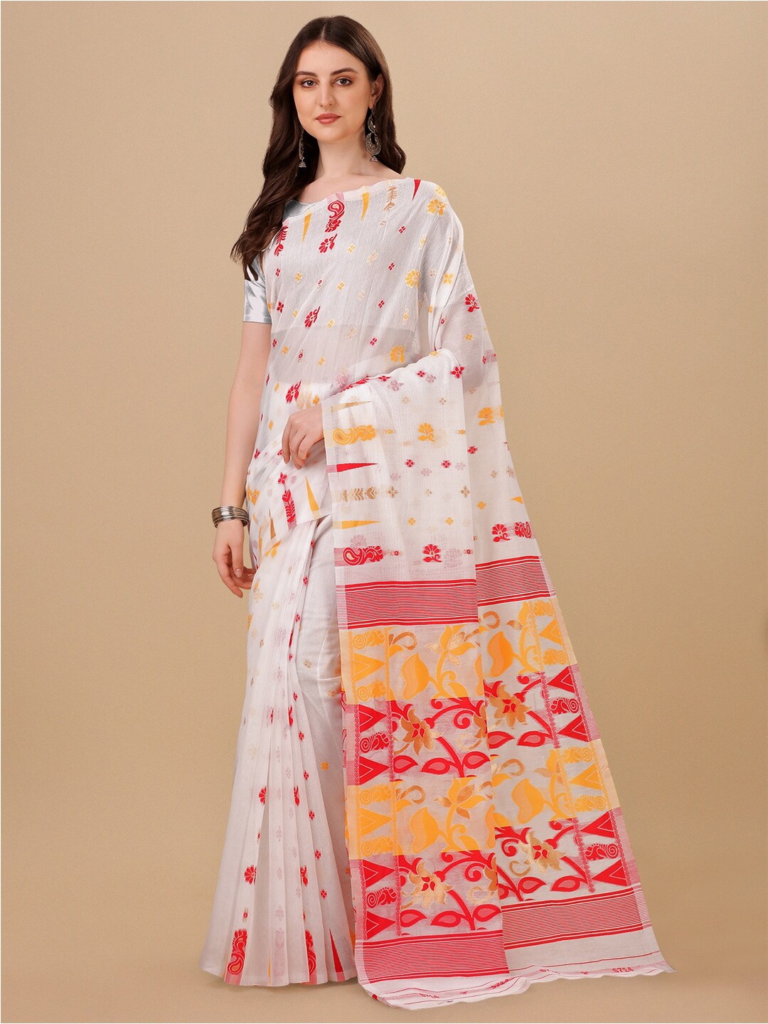 

BESUCHER Ethnic Motifs Zari Silk Cotton Jamdani Saree, White