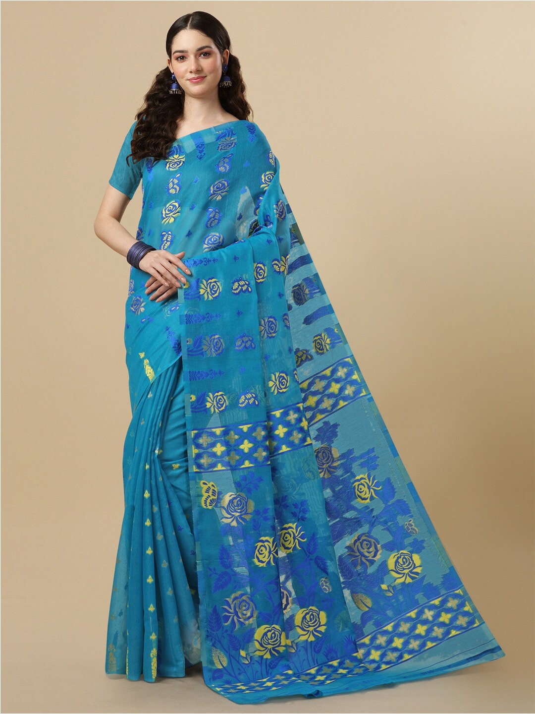 

BESUCHER Floral Woven Design Zari Jamdani Saree, Turquoise blue