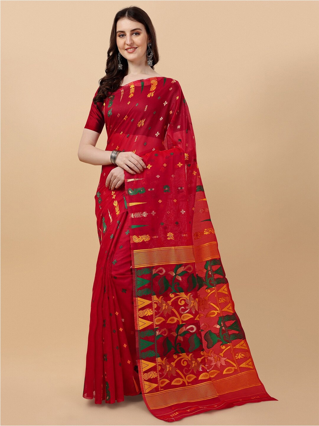 

BESUCHER Floral Woven Design Zari Jamdani Saree, Red