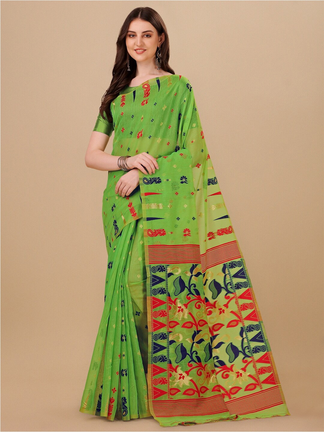 

BESUCHER Woven Design Zari Silk Cotton Jamdani Saree, Green