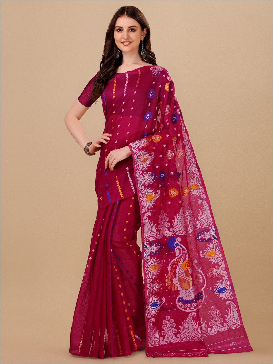 

BESUCHER Woven Design Zari Silk Cotton Jamdani Saree, Fuchsia