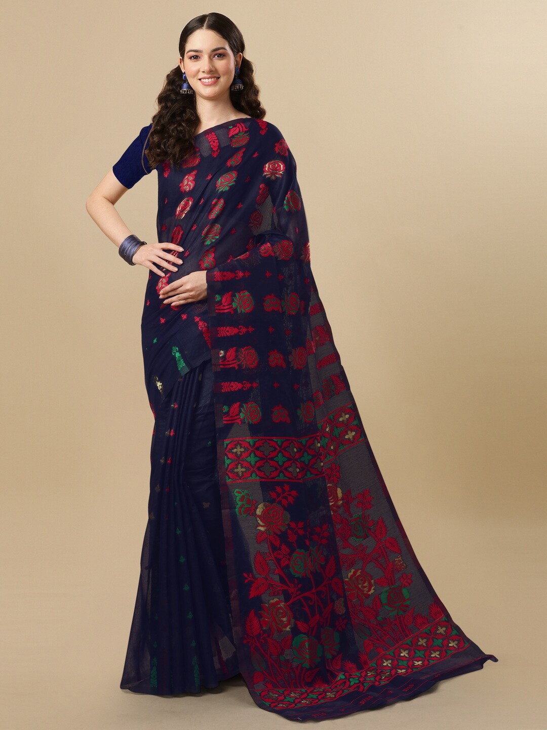 

BESUCHER Woven Design Zari Silk Cotton Jamdani Saree, Navy blue