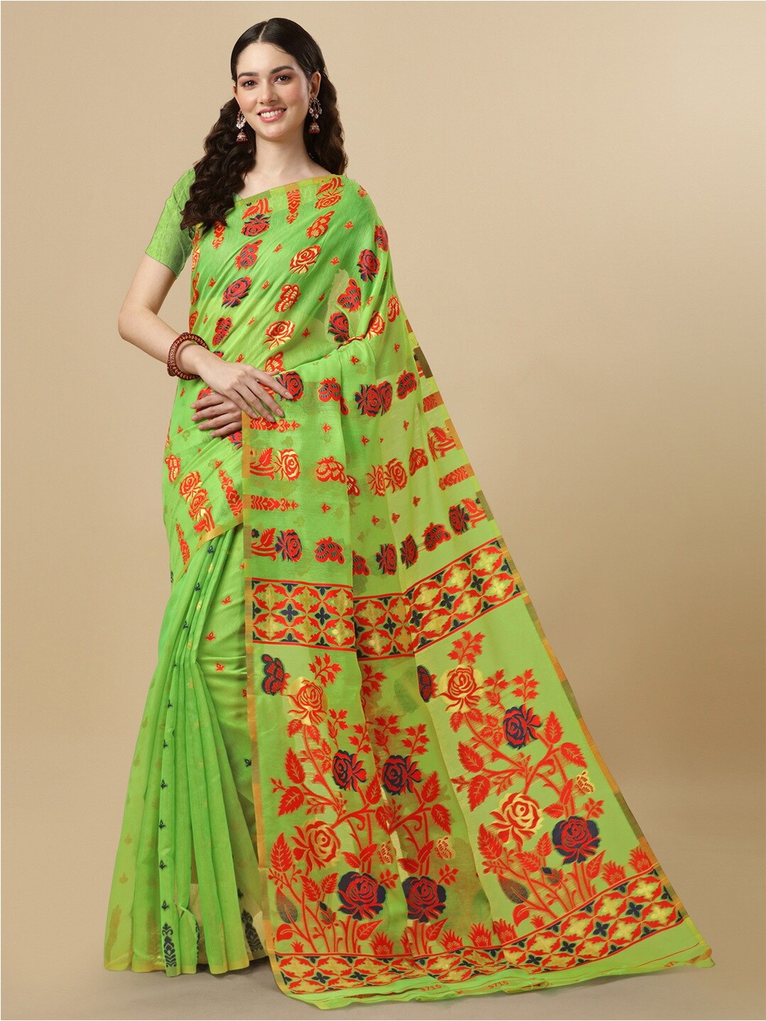 

BESUCHER Woven Design Silk Cotton Jamdani Saree, Green