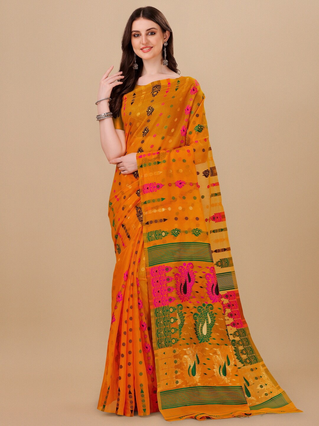 

BESUCHER Woven Design Zari Silk Cotton Jamdani Saree, Orange