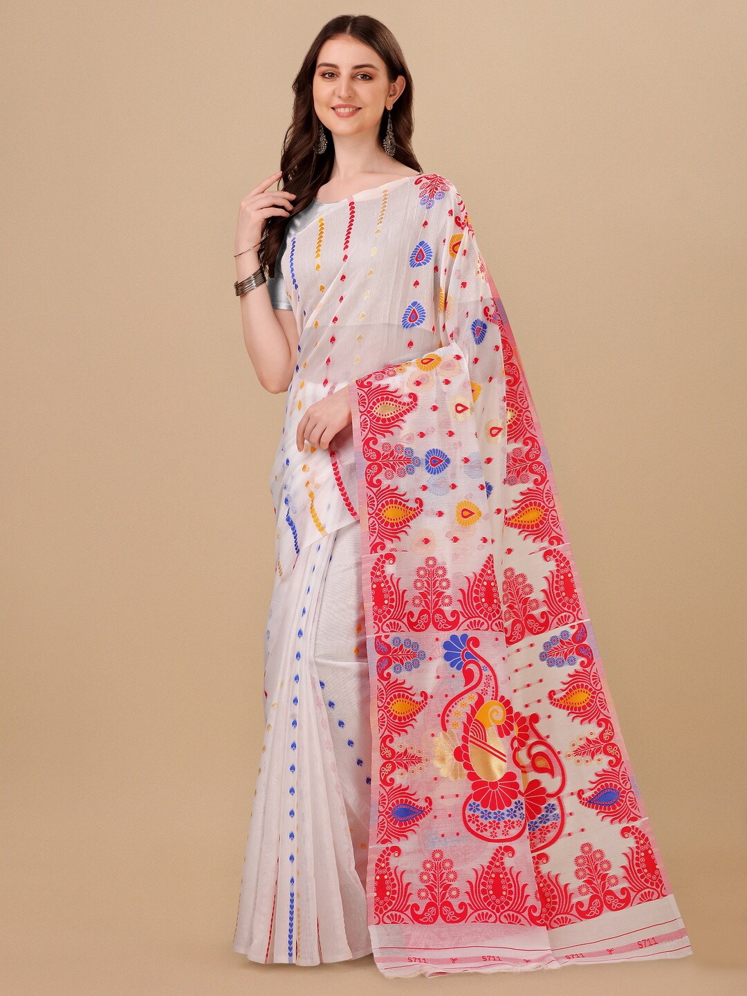 

BESUCHER Woven Design Zari Silk Cotton Jamdani Saree, White